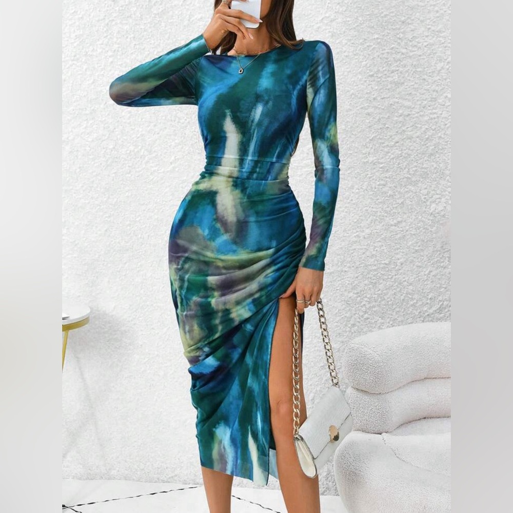 Tie Dye Ruched Split Thigh Dress